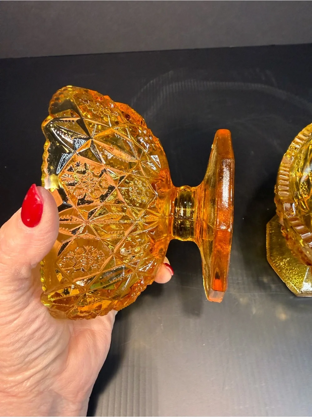 1960 Vintage Kemple Wheaton Amber Glass Toltec Set Compote Dish & Candle Holder